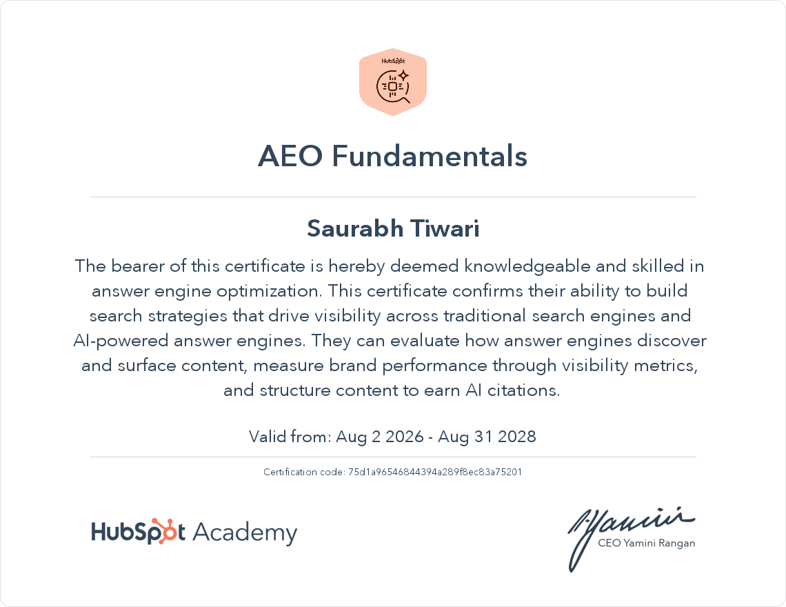 HubSpot Academy AEO Fundamentals certification &mdash; Saurabh Tiwari