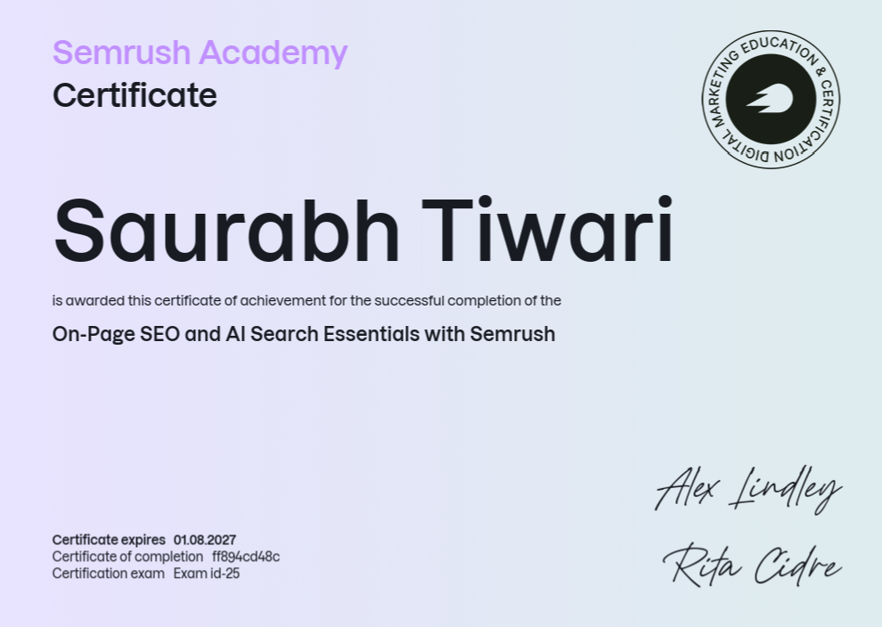 Semrush Academy On-Page SEO and AI Search Essentials certificate &mdash; Saurabh Tiwari
