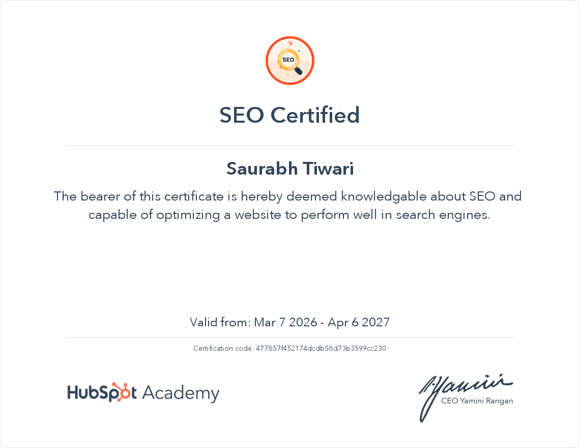 HubSpot Academy SEO Certified &mdash; Saurabh Tiwari